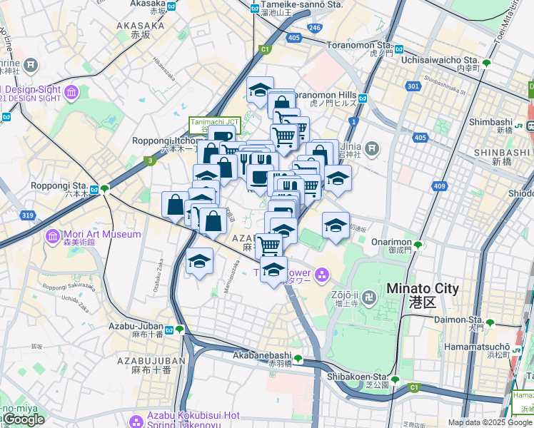 map of restaurants, bars, coffee shops, grocery stores, and more near in Minato City