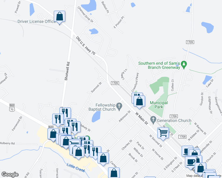 map of restaurants, bars, coffee shops, grocery stores, and more near 1131 West Main Street in Clayton