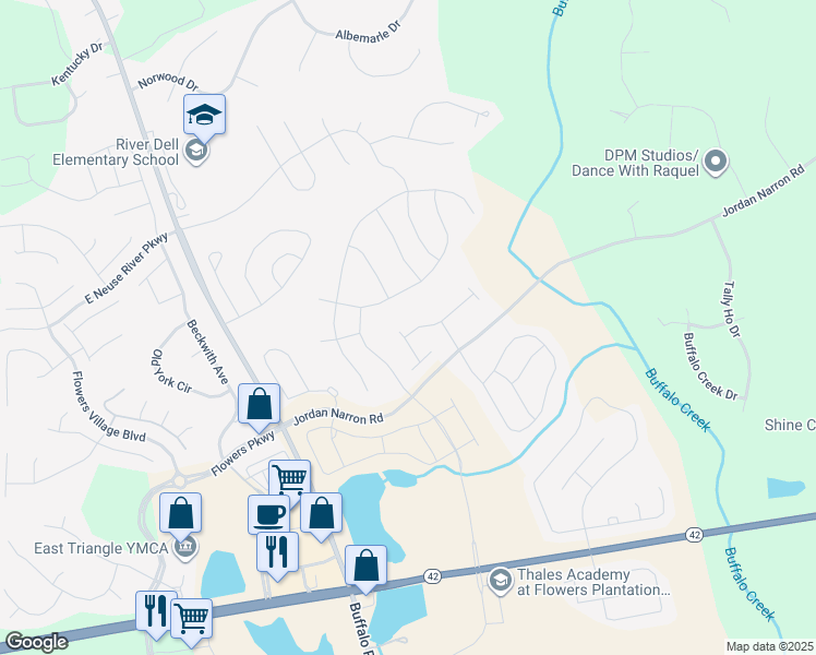 map of restaurants, bars, coffee shops, grocery stores, and more near 60 East Painted Way in Clayton