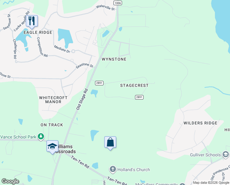 map of restaurants, bars, coffee shops, grocery stores, and more near 161 Stagecrest Drive in Raleigh
