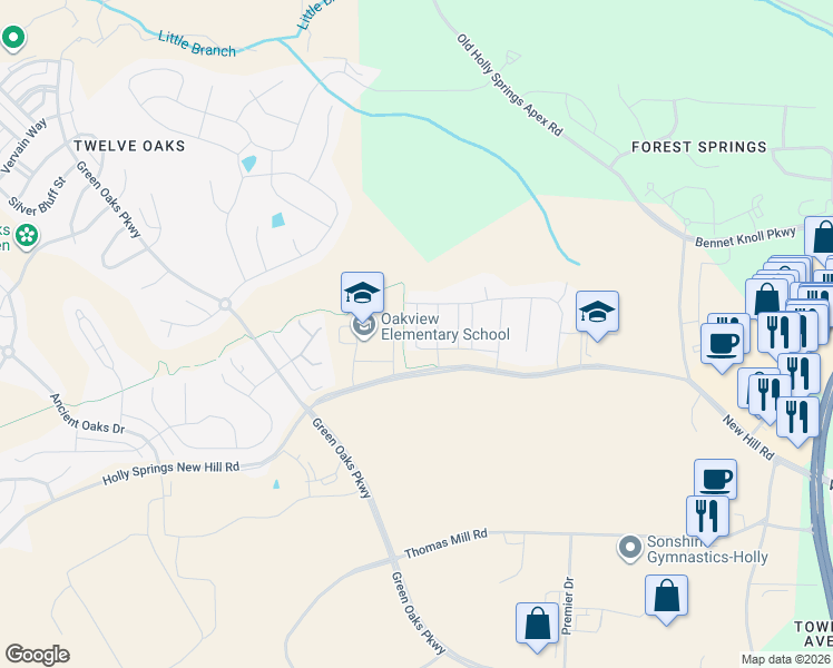 map of restaurants, bars, coffee shops, grocery stores, and more near 133 White Hill Drive in Holly Springs