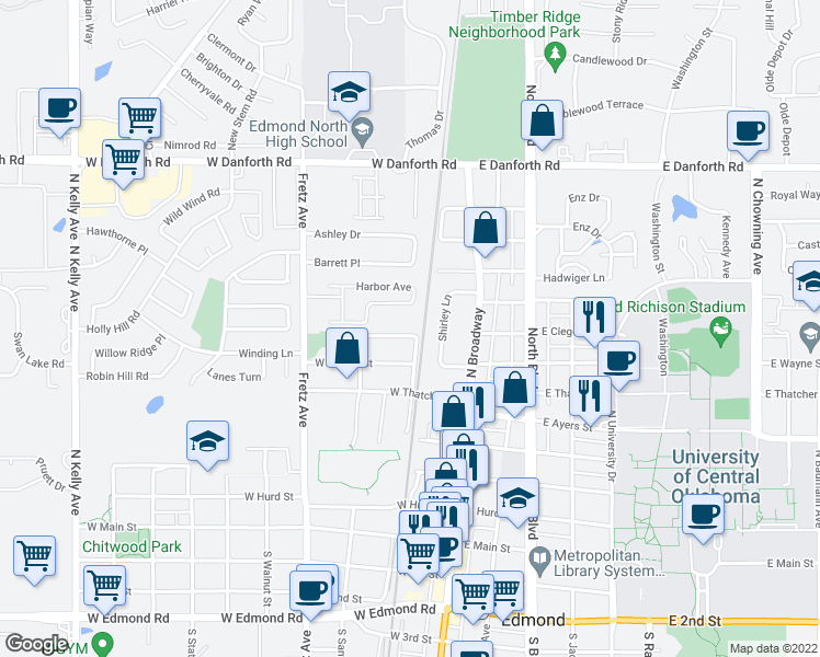 map of restaurants, bars, coffee shops, grocery stores, and more near 109 West Clegern Avenue in Edmond
