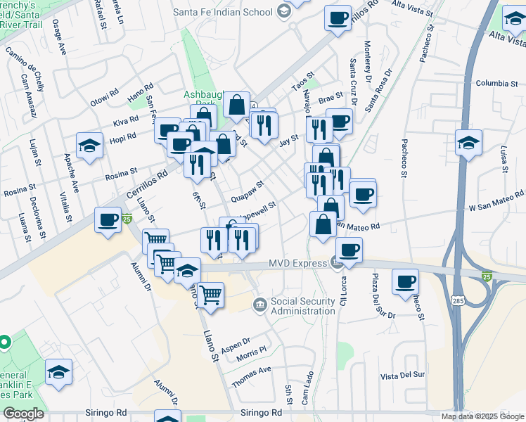 map of restaurants, bars, coffee shops, grocery stores, and more near 1762 Hopewell Street in Santa Fe