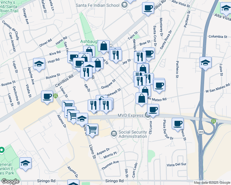 map of restaurants, bars, coffee shops, grocery stores, and more near 1760 Hopewell Street in Santa Fe