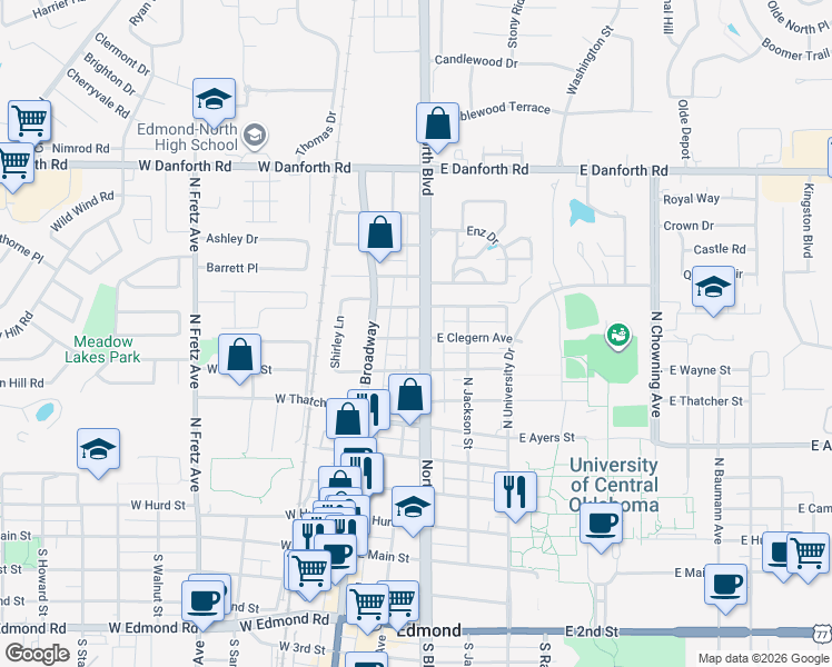 map of restaurants, bars, coffee shops, grocery stores, and more near 17 East Clegern Avenue in Edmond