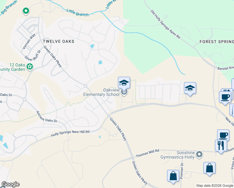 map of restaurants, bars, coffee shops, grocery stores, and more near 11510 New Hill Road in Apex