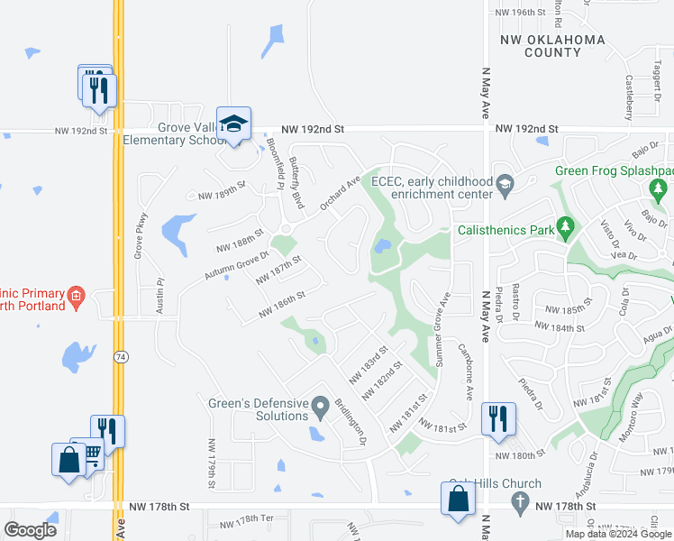 map of restaurants, bars, coffee shops, grocery stores, and more near 18825 Rolling Hill Way in Edmond