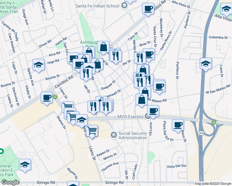 map of restaurants, bars, coffee shops, grocery stores, and more near 1758 Hopewell Street in Santa Fe