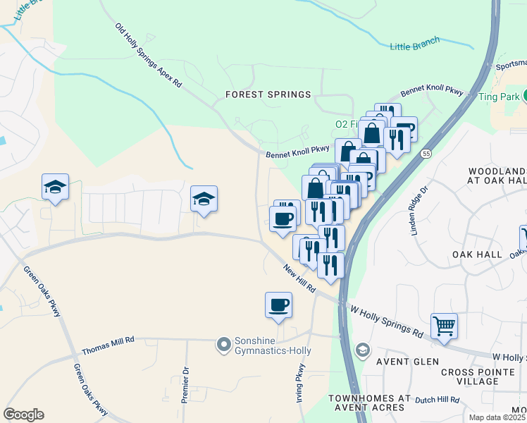 map of restaurants, bars, coffee shops, grocery stores, and more near 1501 Hendricks Hill Lane in Holly Springs