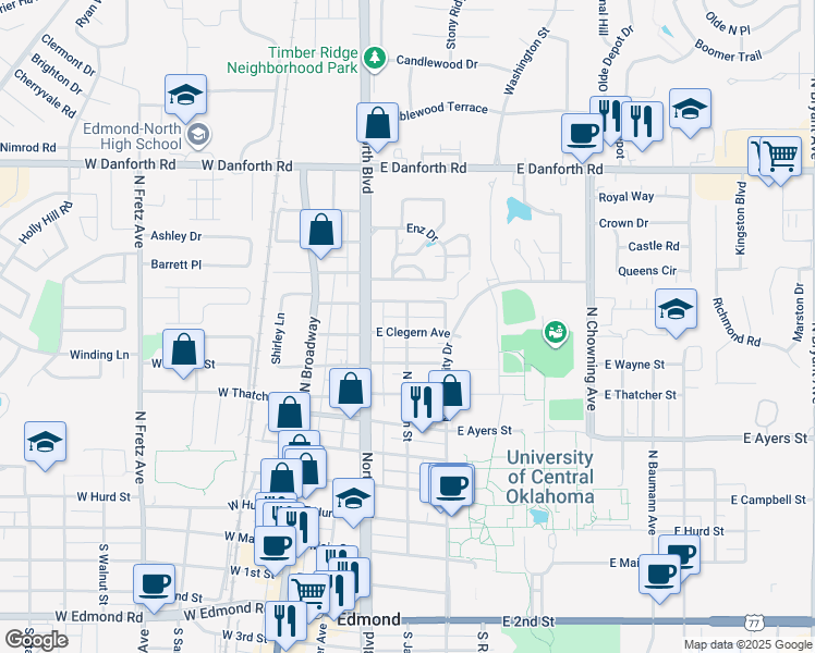 map of restaurants, bars, coffee shops, grocery stores, and more near 311 East Clegern Avenue in Edmond