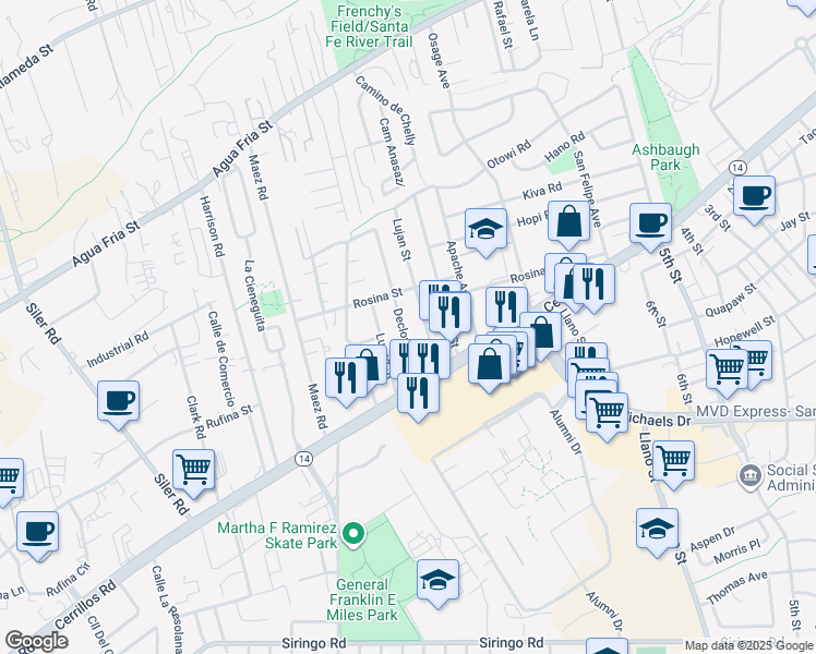 map of restaurants, bars, coffee shops, grocery stores, and more near 1310 Declovina Street in Santa Fe
