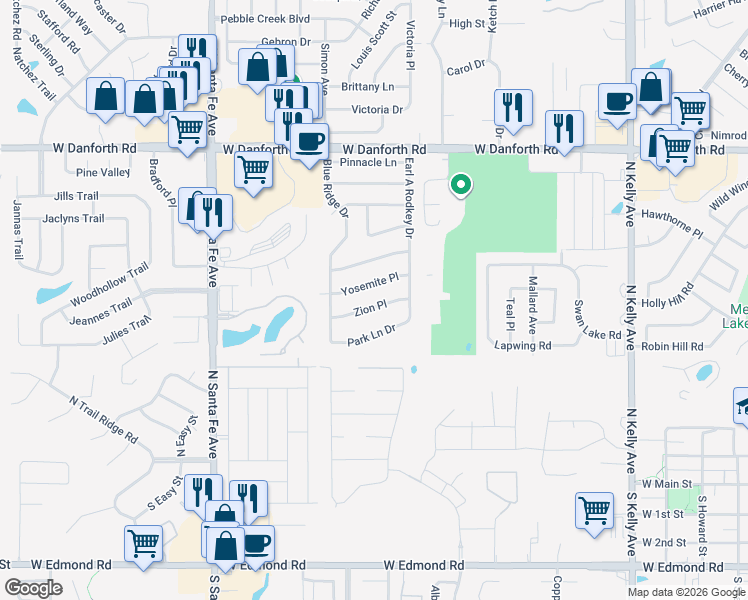 map of restaurants, bars, coffee shops, grocery stores, and more near 1720 Yosemite Place in Edmond