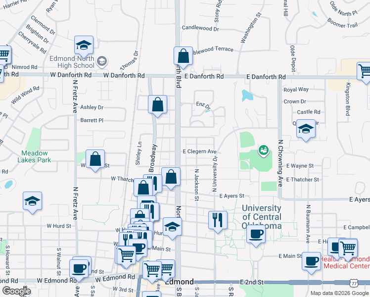 map of restaurants, bars, coffee shops, grocery stores, and more near 211 East Clegern Avenue in Edmond