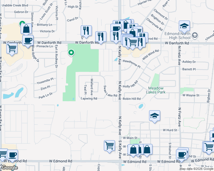 map of restaurants, bars, coffee shops, grocery stores, and more near 805 Swan Lake Road in Edmond