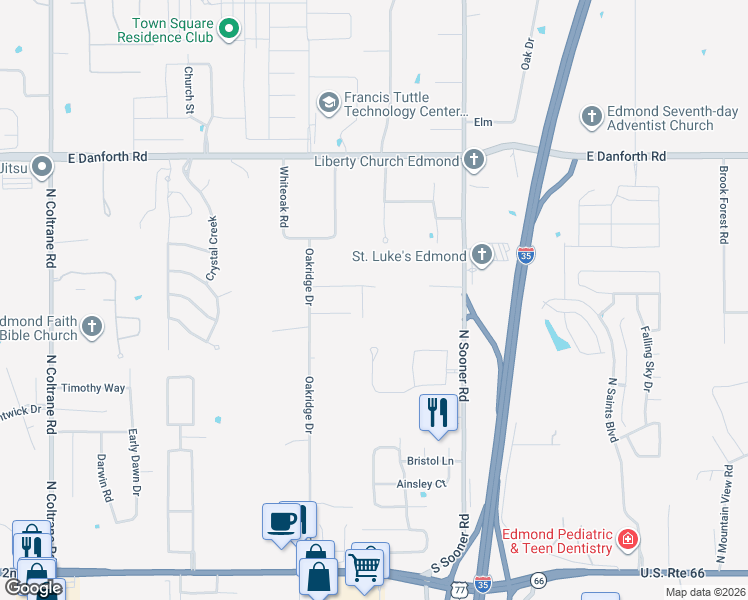 map of restaurants, bars, coffee shops, grocery stores, and more near 3830 Nora Drive in Edmond