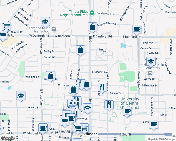map of restaurants, bars, coffee shops, grocery stores, and more near 17 East Clegern Avenue in Edmond