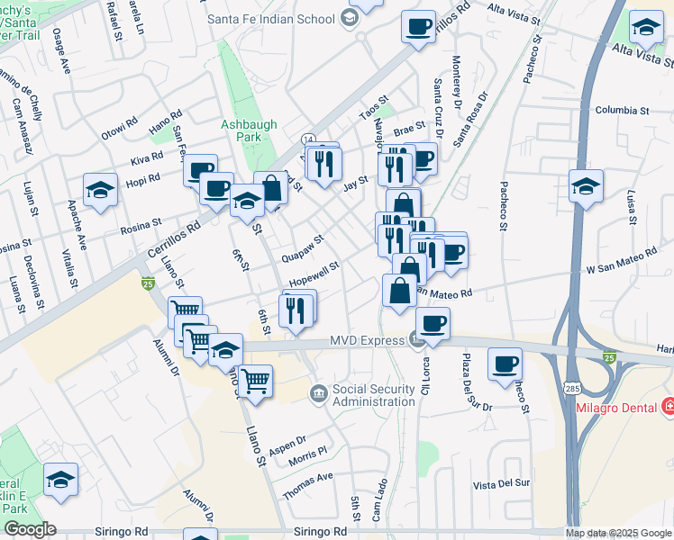 map of restaurants, bars, coffee shops, grocery stores, and more near 1750 Hopewell Street in Santa Fe