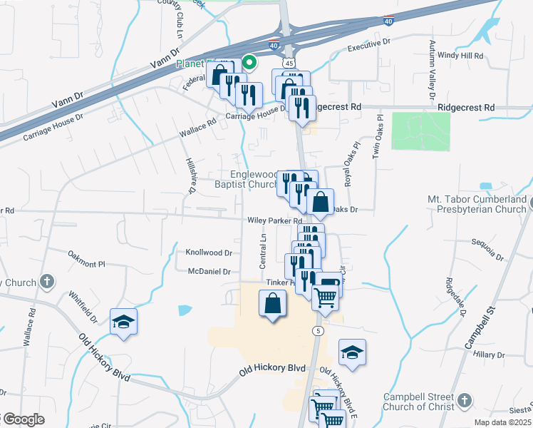 map of restaurants, bars, coffee shops, grocery stores, and more near 55 Wiley Parker Road in Jackson