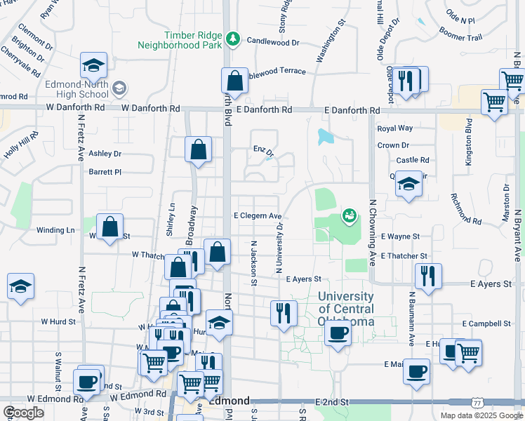 map of restaurants, bars, coffee shops, grocery stores, and more near 311 East Clegern Avenue in Edmond