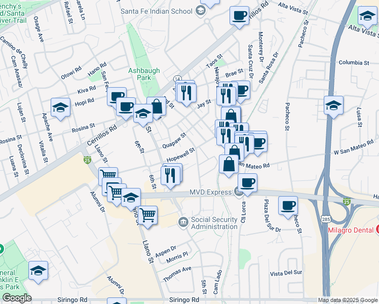 map of restaurants, bars, coffee shops, grocery stores, and more near 1754 Hopewell Street in Santa Fe