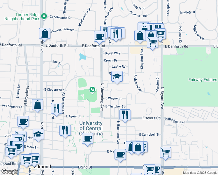 map of restaurants, bars, coffee shops, grocery stores, and more near 800 North Chowning Avenue in Edmond