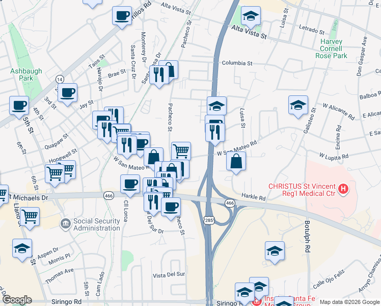 map of restaurants, bars, coffee shops, grocery stores, and more near 1596 South Pacheco Street in Santa Fe