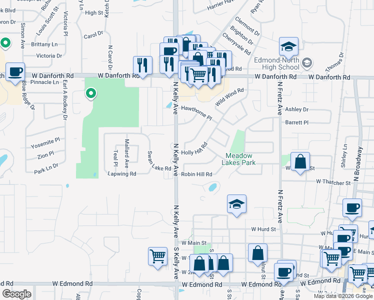 map of restaurants, bars, coffee shops, grocery stores, and more near 825 Red Oak Terrace in Edmond