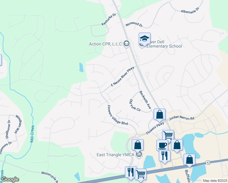 map of restaurants, bars, coffee shops, grocery stores, and more near 56 Wilders Woods Grove Lane in Clayton