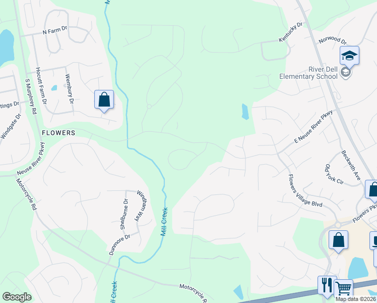 map of restaurants, bars, coffee shops, grocery stores, and more near Ashley Woods Court in Johnston County