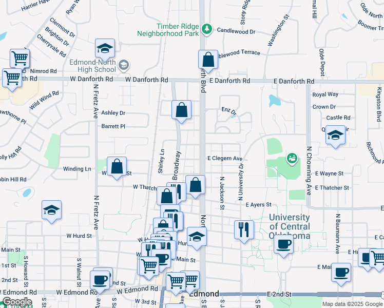 map of restaurants, bars, coffee shops, grocery stores, and more near 17 East Clegern Avenue in Edmond