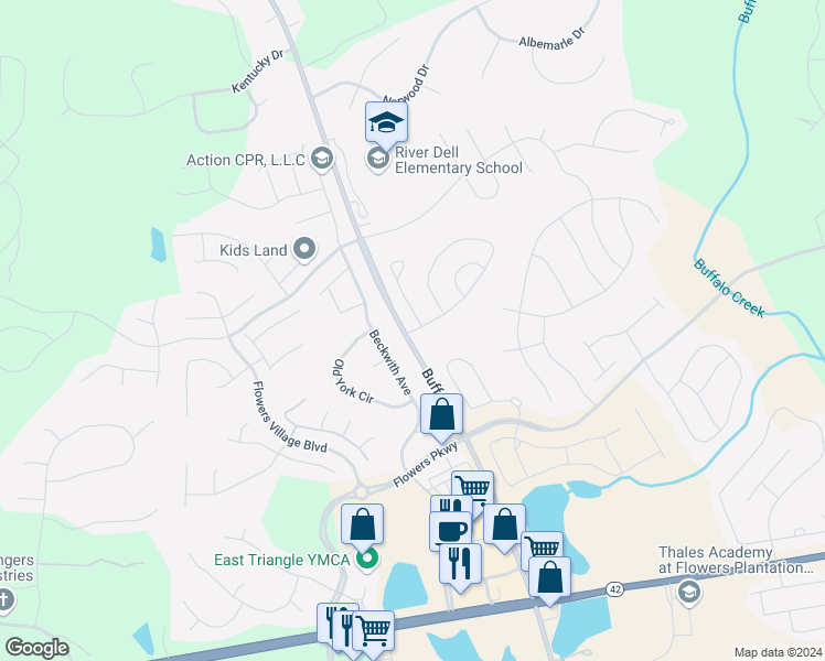 map of restaurants, bars, coffee shops, grocery stores, and more near Bramble Lane in Johnston County