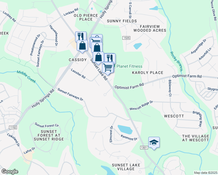map of restaurants, bars, coffee shops, grocery stores, and more near 100 Arlen Park Place in Holly Springs