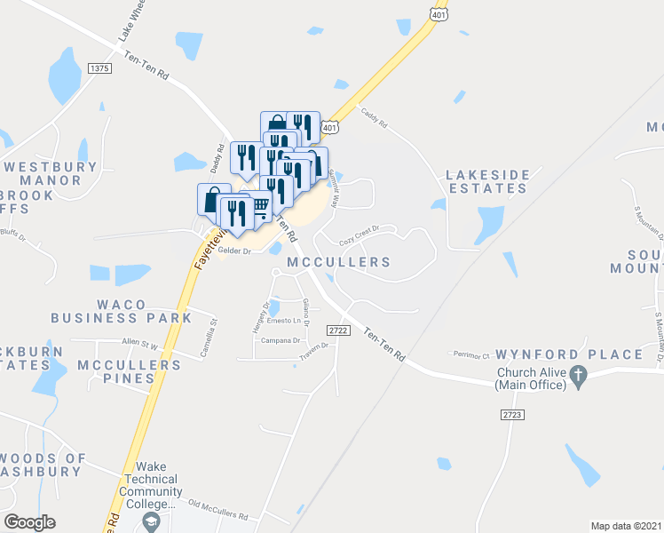 map of restaurants, bars, coffee shops, grocery stores, and more near 114 Amber Acorn Avenue in Raleigh