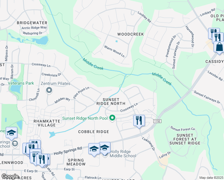 map of restaurants, bars, coffee shops, grocery stores, and more near 708 Sunset Grove Drive in Holly Springs