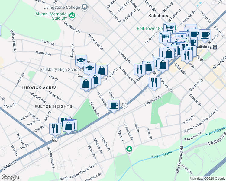 map of restaurants, bars, coffee shops, grocery stores, and more near 817 South Jackson Street in Salisbury