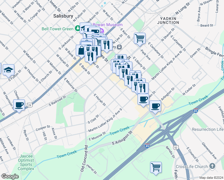 map of restaurants, bars, coffee shops, grocery stores, and more near 213 South Shaver Street in Salisbury