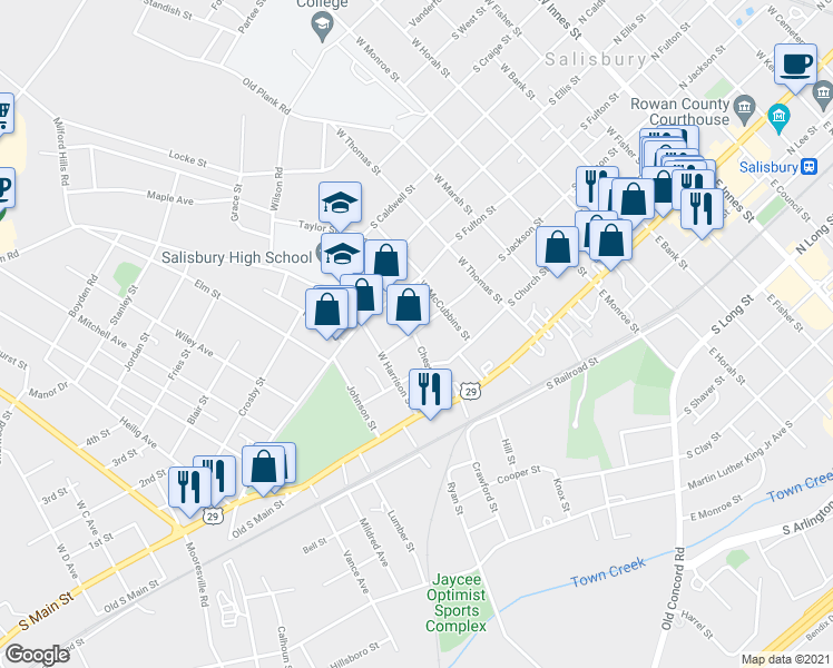 map of restaurants, bars, coffee shops, grocery stores, and more near 829 South Jackson Street in Salisbury