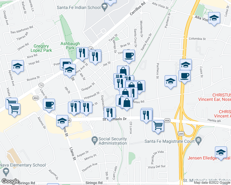 map of restaurants, bars, coffee shops, grocery stores, and more near 1808 2nd Street in Santa Fe