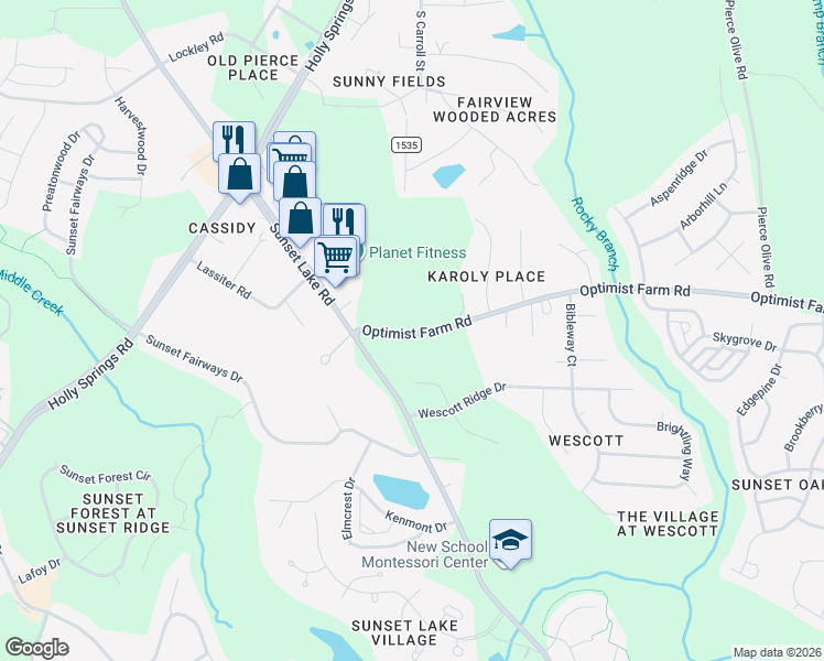 map of restaurants, bars, coffee shops, grocery stores, and more near 4825 Optimist Farm Road in Holly Springs