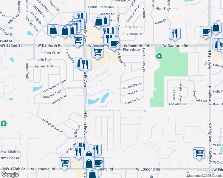 map of restaurants, bars, coffee shops, grocery stores, and more near 2147 Bridgeview Boulevard in Edmond