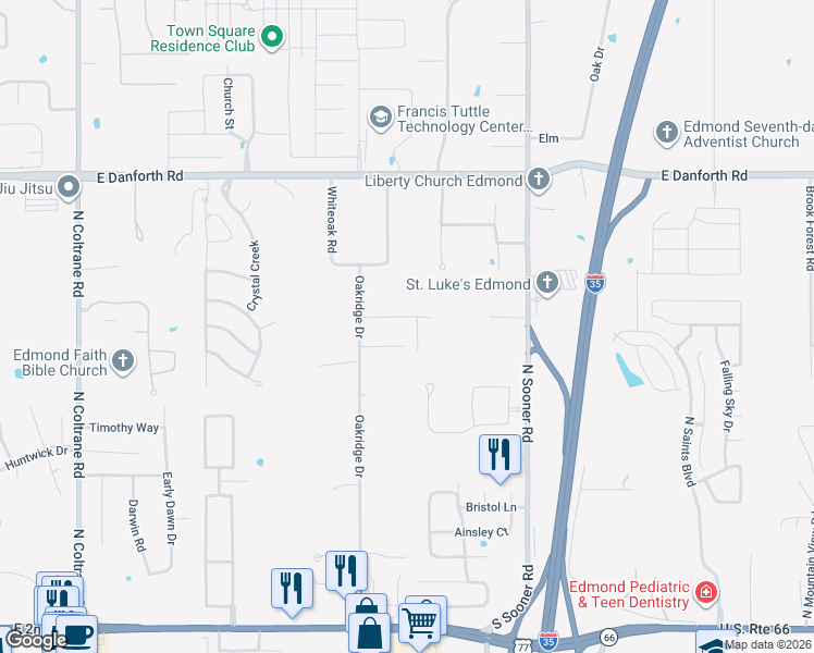 map of restaurants, bars, coffee shops, grocery stores, and more near 3830 Nora Drive in Edmond