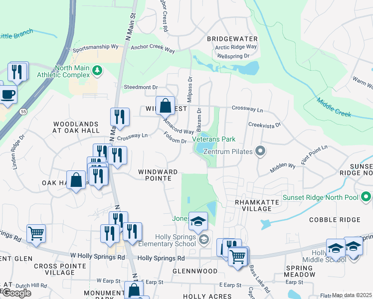 map of restaurants, bars, coffee shops, grocery stores, and more near 104 Sunny Chloe Court in Holly Springs