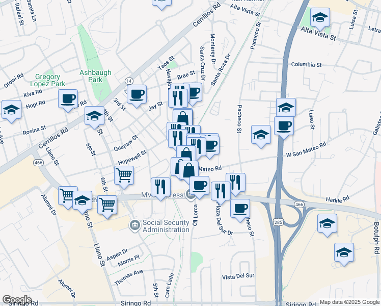 map of restaurants, bars, coffee shops, grocery stores, and more near 901 West San Mateo Road in Santa Fe