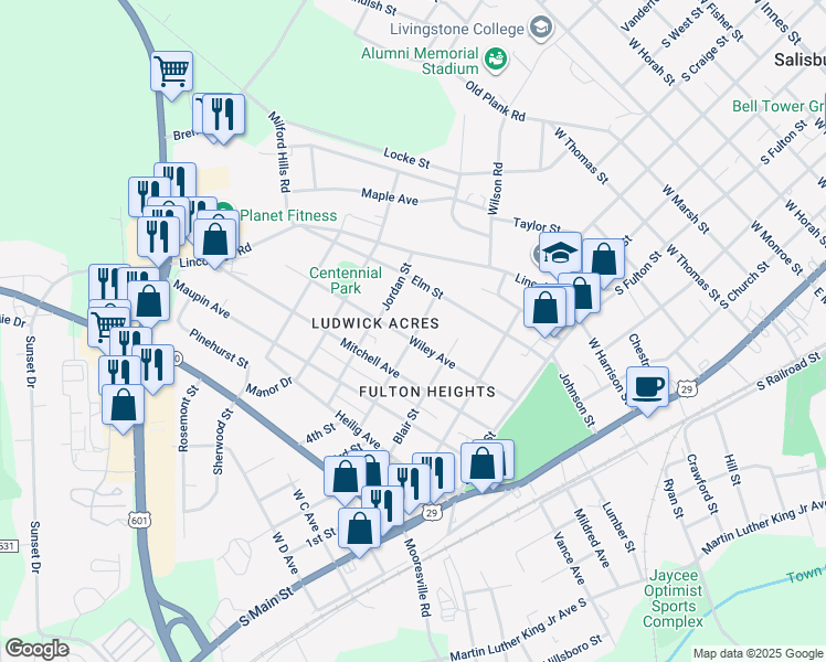 map of restaurants, bars, coffee shops, grocery stores, and more near 410 Wiley Avenue in Salisbury