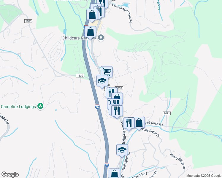 map of restaurants, bars, coffee shops, grocery stores, and more near 360 Weaverville Highway in Woodfin
