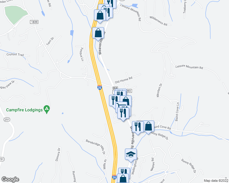 map of restaurants, bars, coffee shops, grocery stores, and more near 360 Weaverville Highway in Woodfin