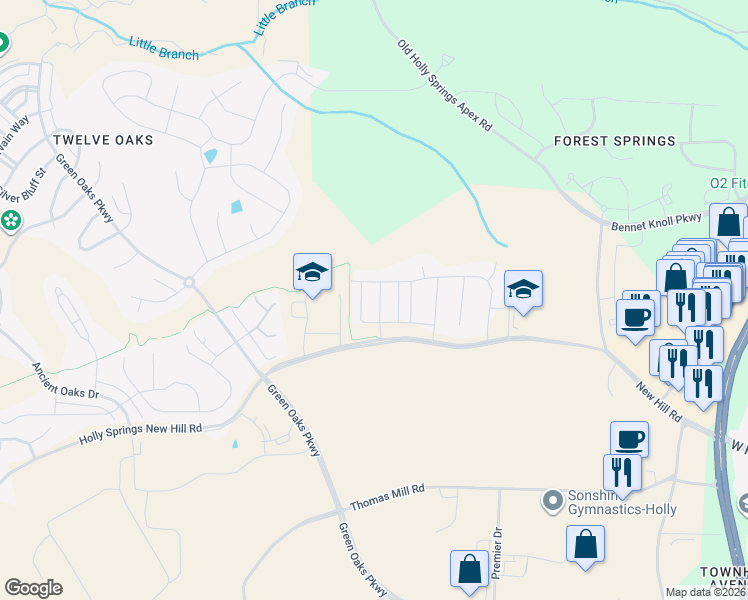 map of restaurants, bars, coffee shops, grocery stores, and more near 133 White Hill Drive in Holly Springs