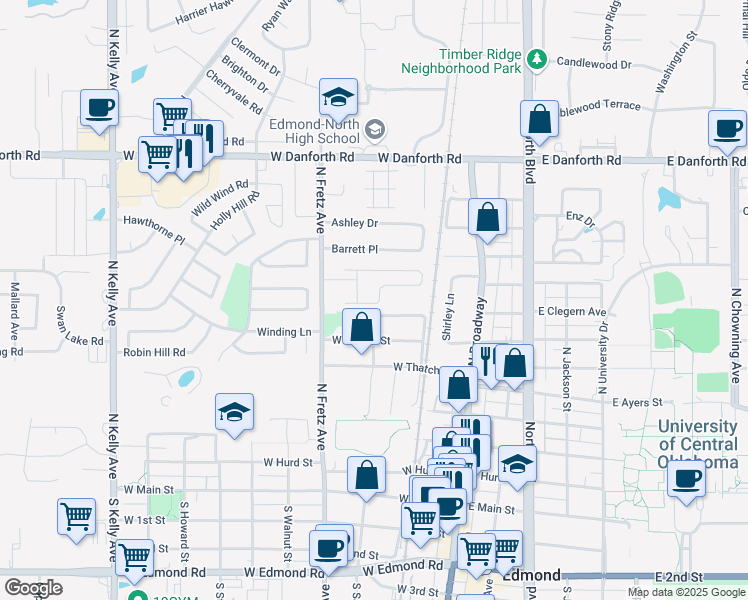 map of restaurants, bars, coffee shops, grocery stores, and more near 114 Harbor Avenue in Edmond