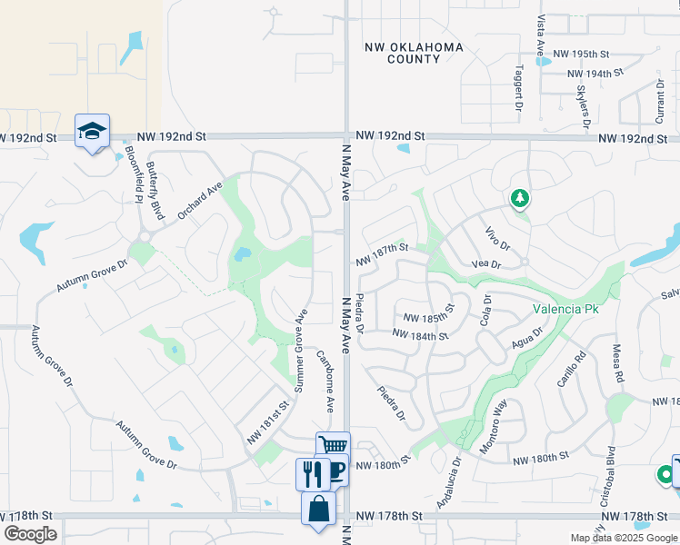 map of restaurants, bars, coffee shops, grocery stores, and more near 18712 Maidstone Lane in Edmond
