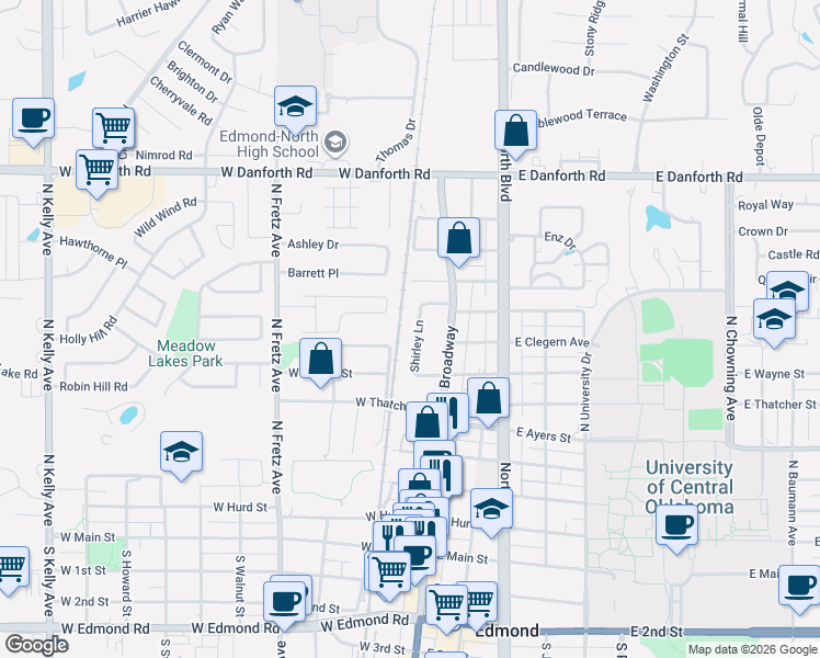 map of restaurants, bars, coffee shops, grocery stores, and more near 63 Shirley Lane in Edmond